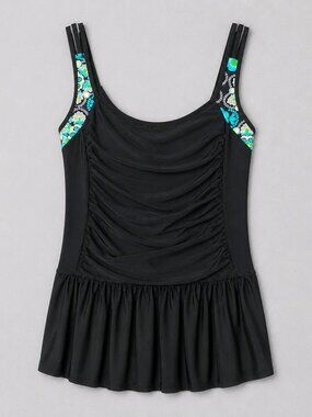 Swim Solutions Black Floral Swimdress Size Large